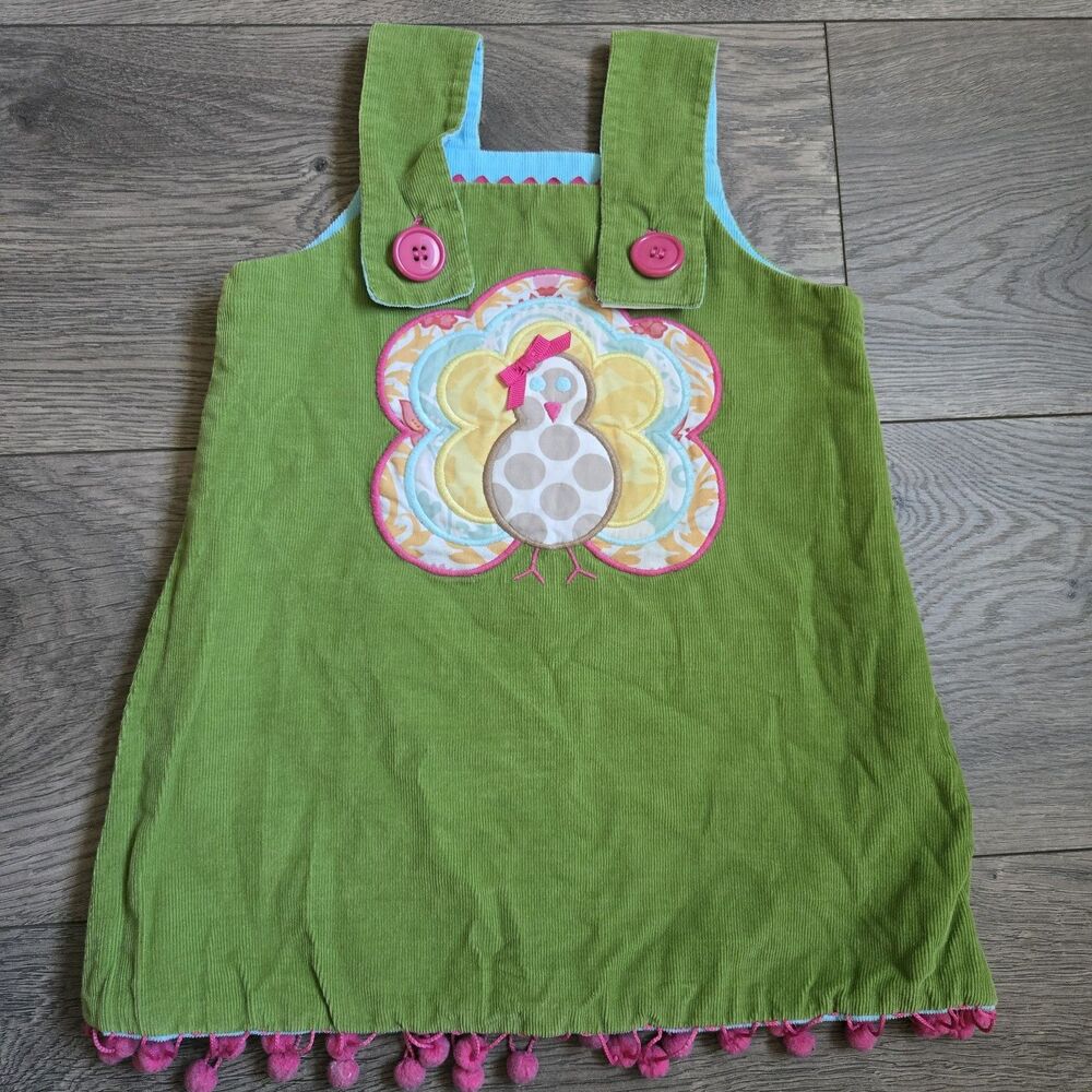 Shrimp & Grits Kids 12M Reversible Corduroy Dress Turkey Snowman Pom Pom Jumper
